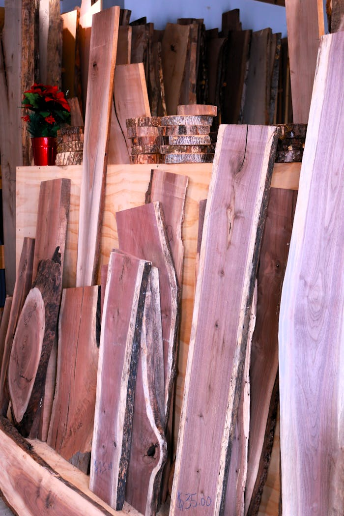 Various wooden planks and slices displayed in a carpentry workshop.